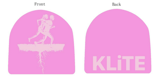 Pink beanie with 'KLiTE' branding and silhouette design on a black background